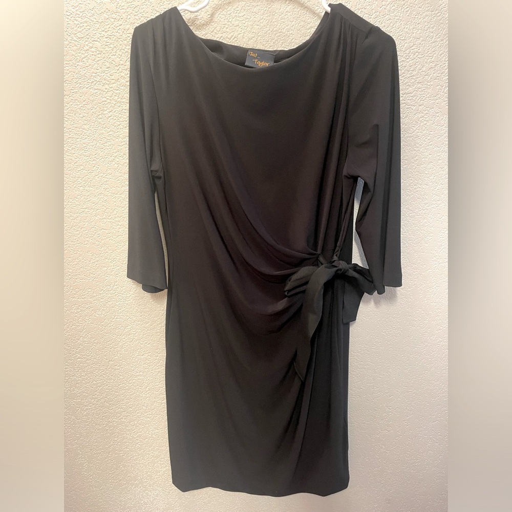 Just Taylor Classic Black Dress Side Cinch Tie 3/4 Sleeves Knee